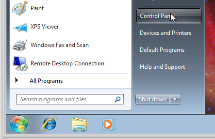 Win7 Control Panel in Menu